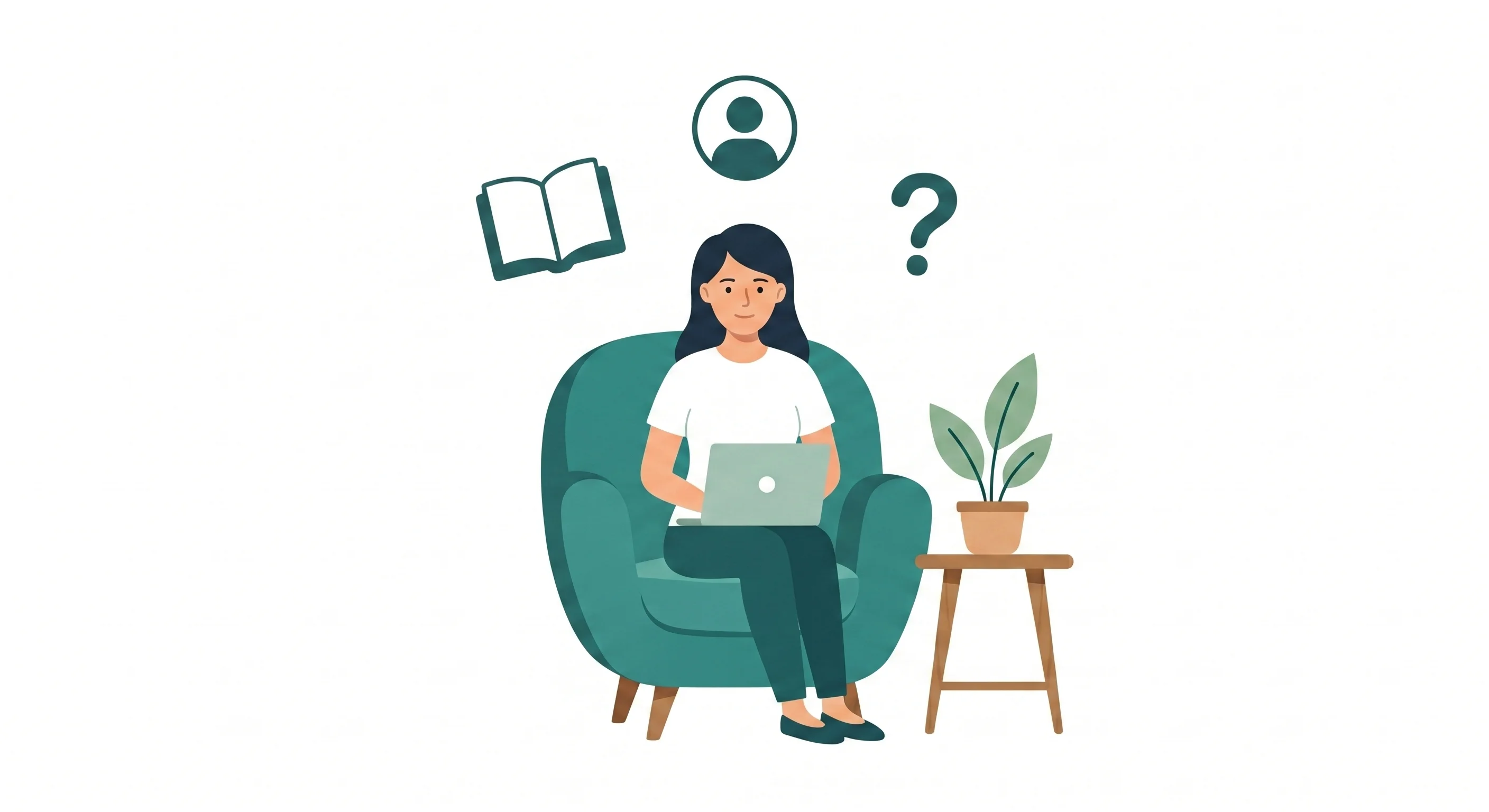 Illustration of a person using a laptop in a support setting